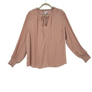 Joie Pleated Neckline Satin Peasant Long Sleeve Modern Victorian Blouse 1x Biege
